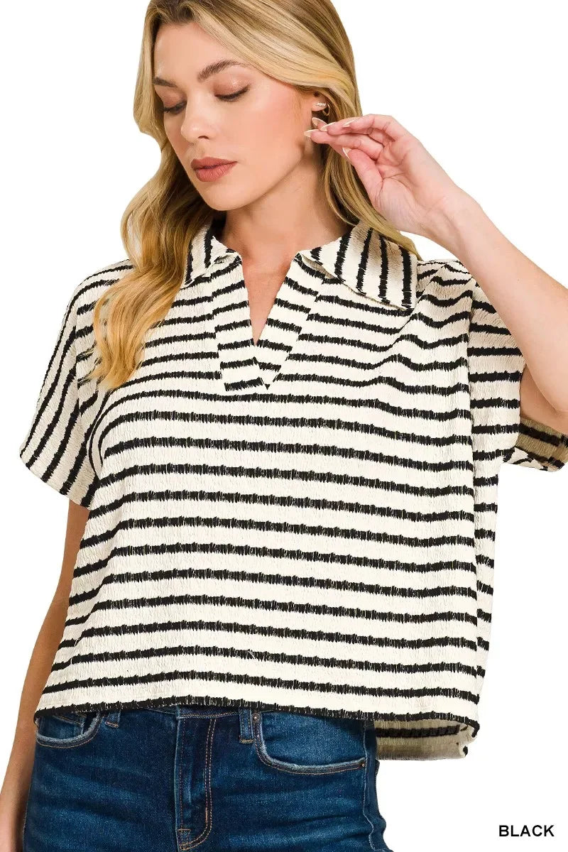 Zenana Striped Split Neck Collared Top - Trendsi - Flyclothing LLC
