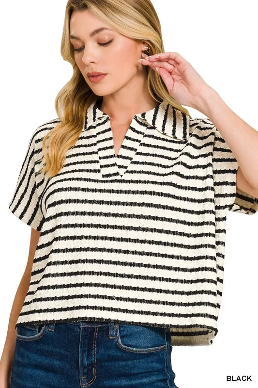 Zenana Striped Split Neck Collared Top - Trendsi - Flyclothing LLC