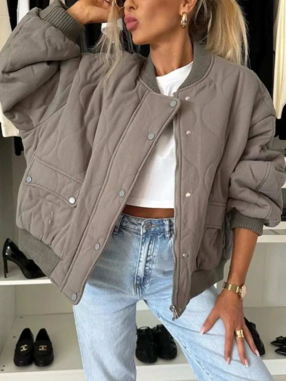 Baseball Collar Snap Down Long Sleeve Jacket - Trendsi - Flyclothing LLC