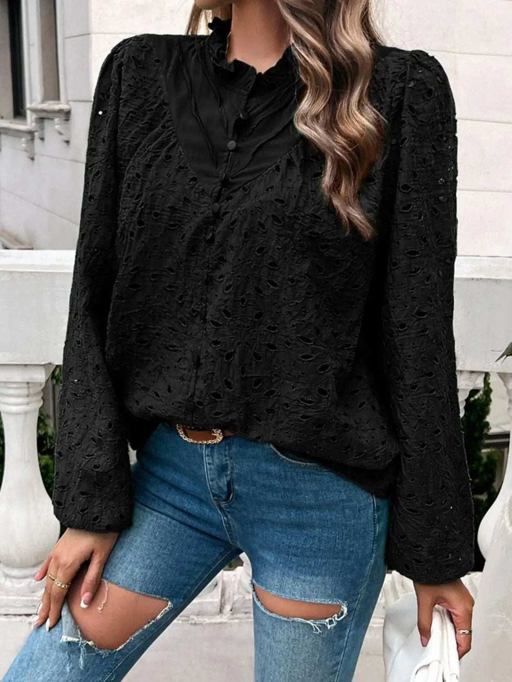 Frill Round Neck Long Sleeve Shirt - Trendsi - Flyclothing LLC