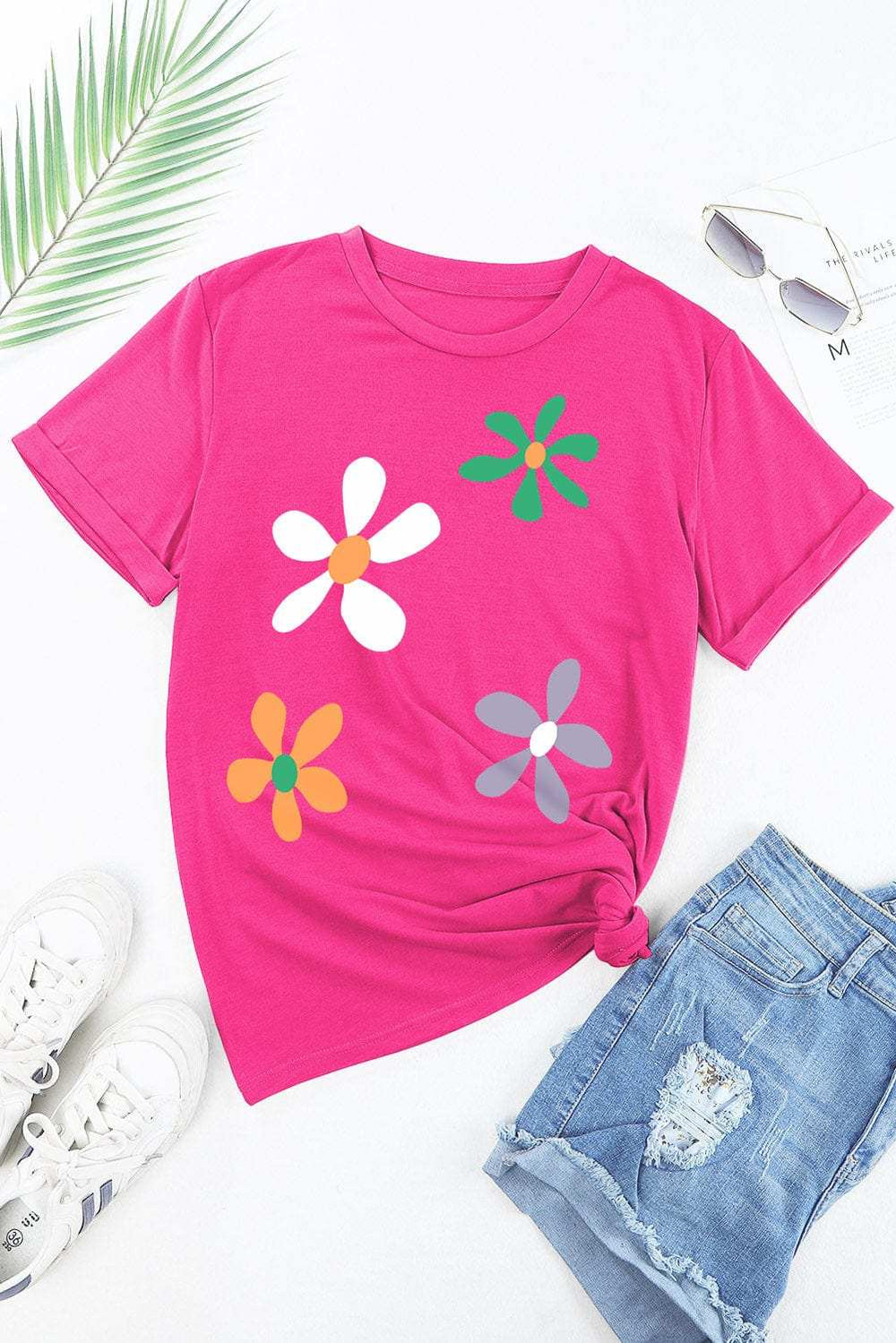 Flower Round Neck Short Sleeve T-Shirt - Trendsi - Flyclothing LLC