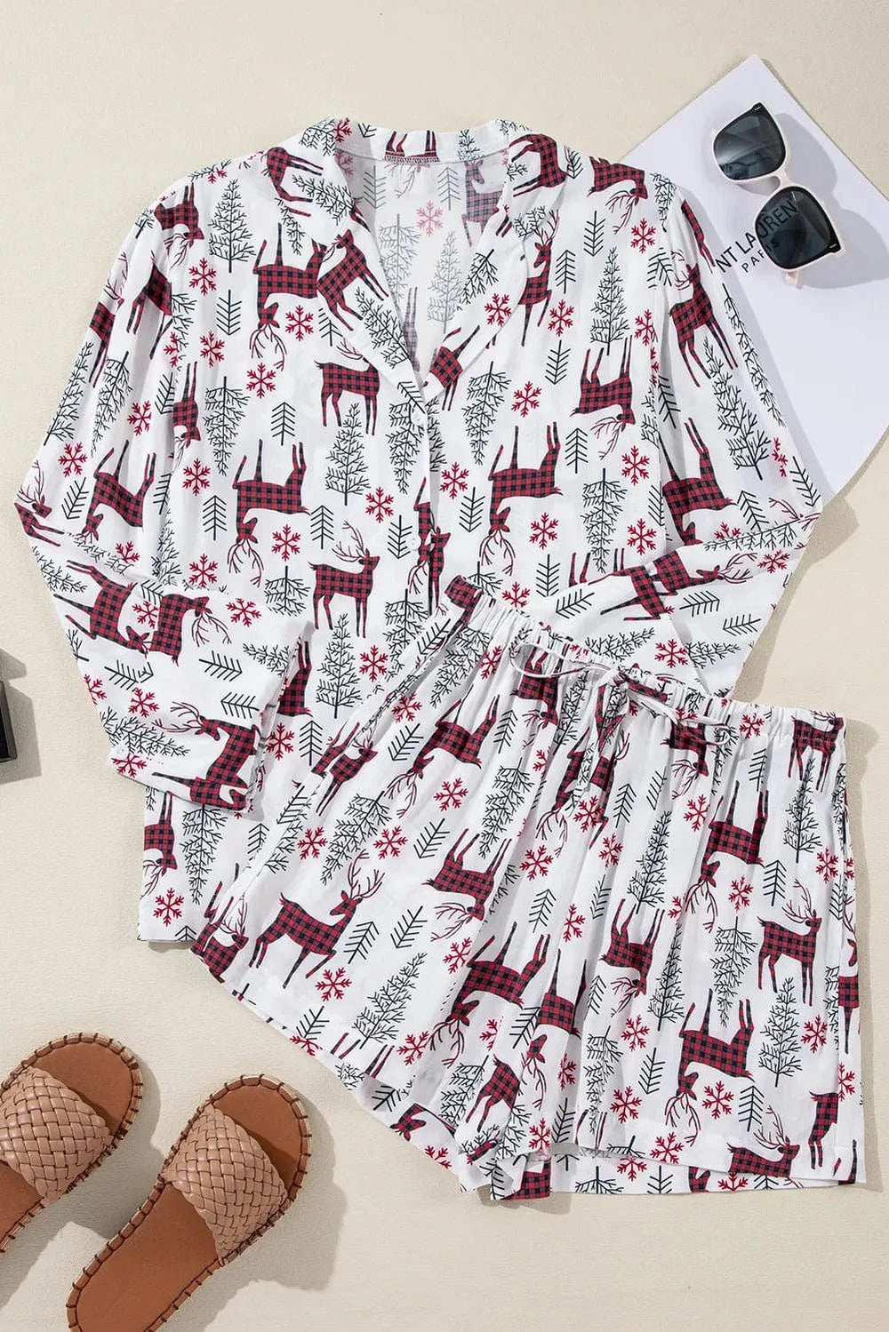 Printed Collared Neck Long Sleeve Top and Shorts Lounge Set - Trendsi - Flyclothing LLC