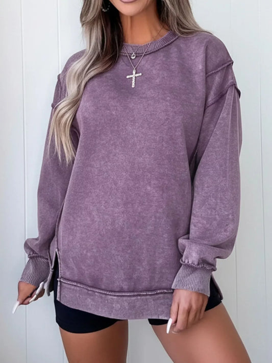 Wash Slit Round Neck Oversized Sweatshirt - Trendsi - Flyclothing LLC