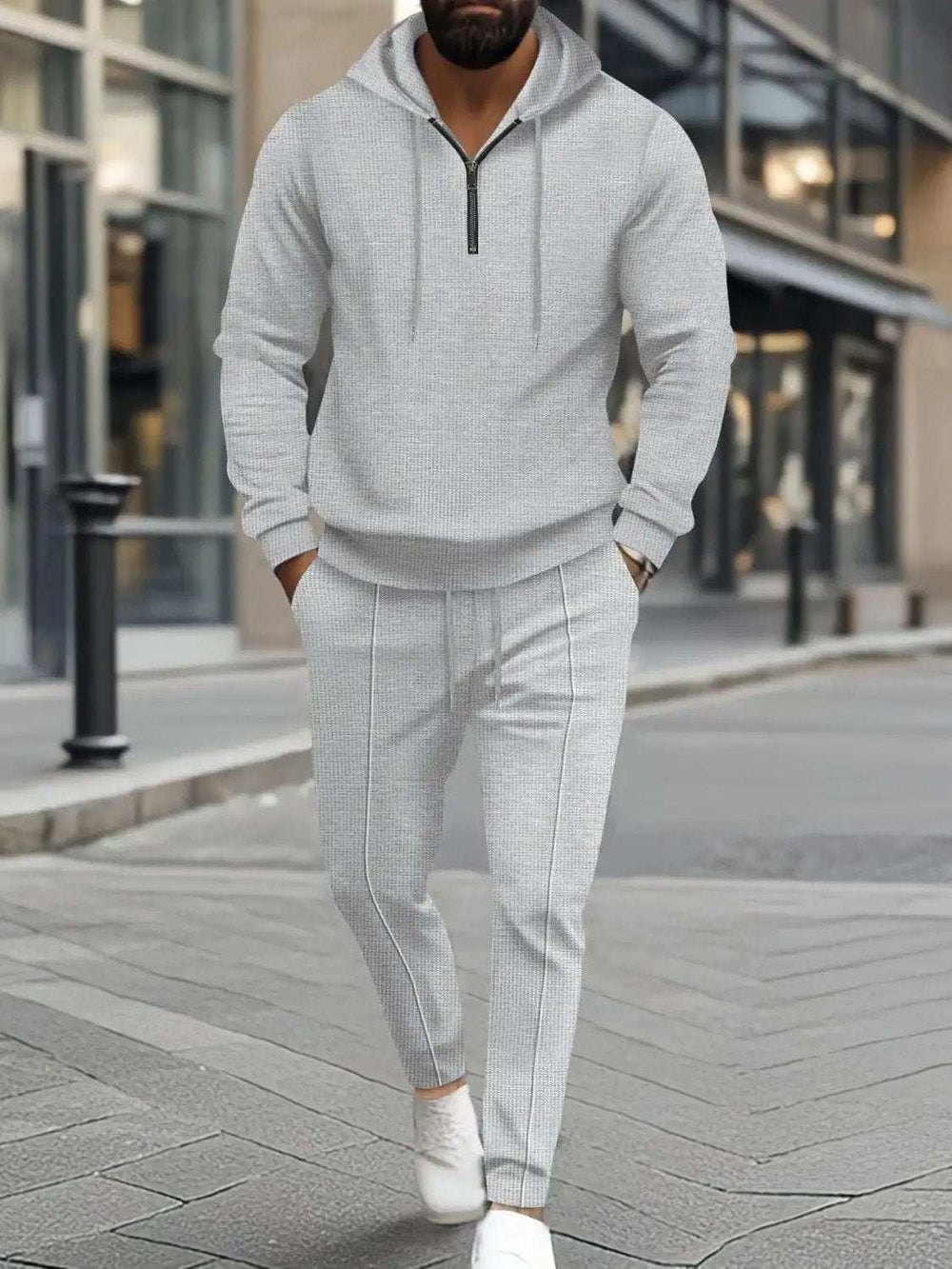 Men's Full Size Waffle-Knit Half Zipper Hoodie and Pants Set Plus Size - Trendsi - Flyclothing LLC