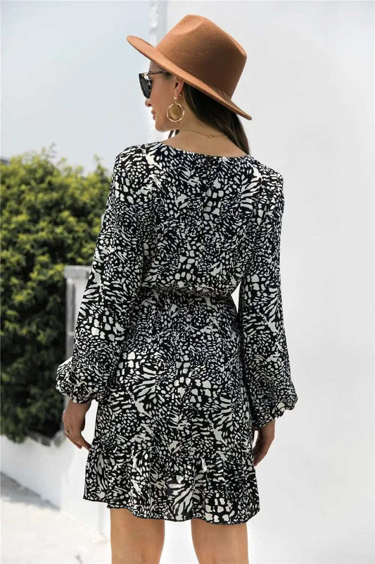 Animal Print Round Neck Balloon Sleeve Mini Dress - Trendsi - Flyclothing LLC