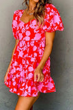 Floral Puff Sleeve Sweetheart Neck Ruffled Mini Dress - Trendsi - Flyclothing LLC