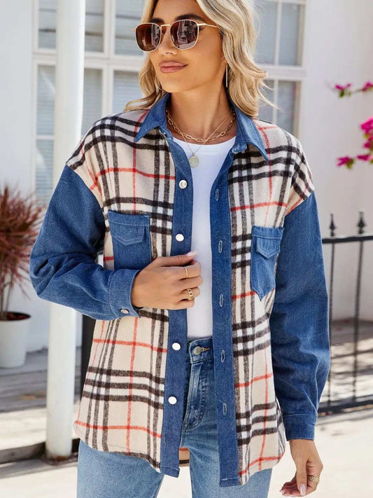 Plaid Long Sleeve Denim Jacket - Trendsi - Flyclothing LLC