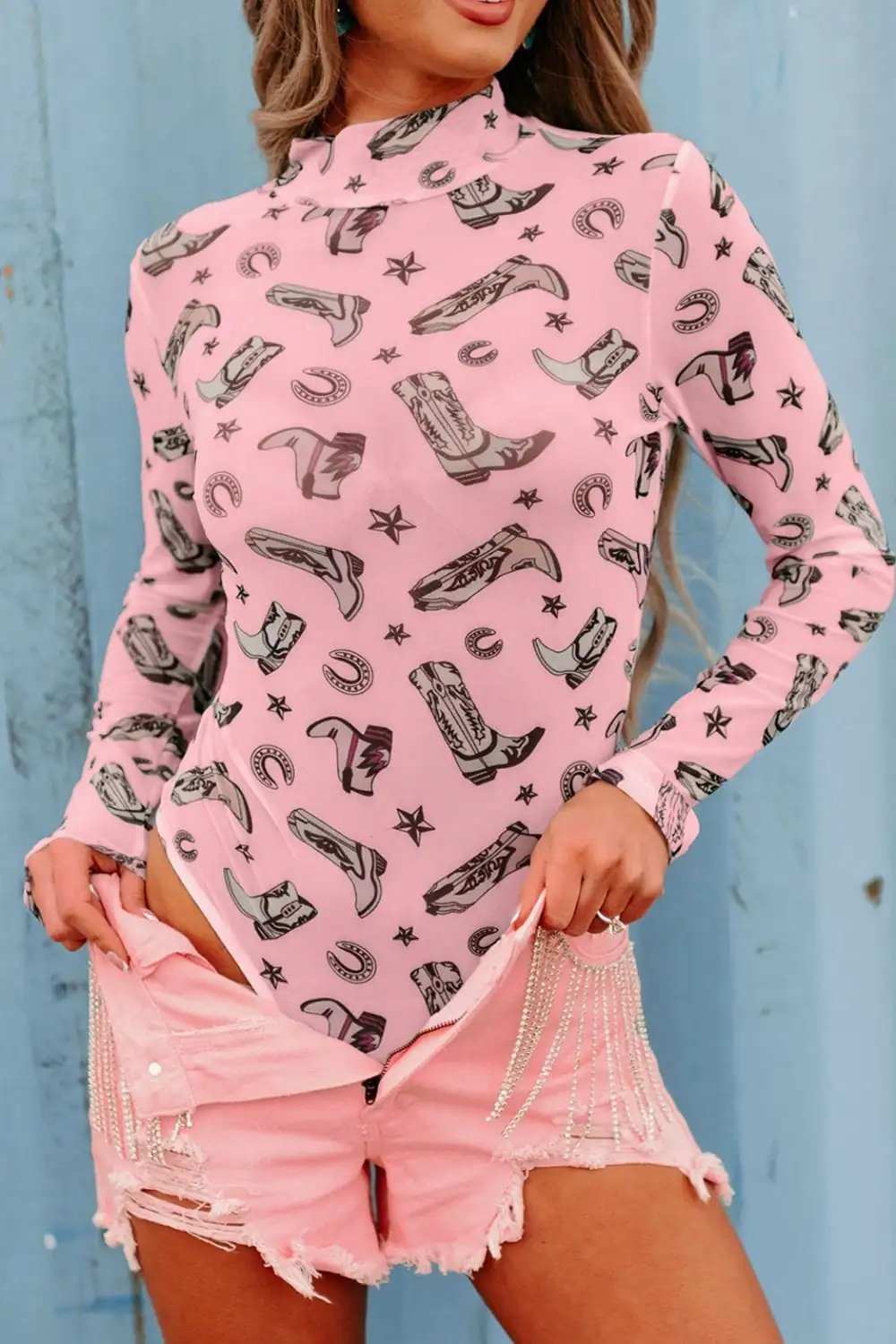 Printed Mock Neck Long Sleeve Bodysuit - Trendsi - Flyclothing LLC