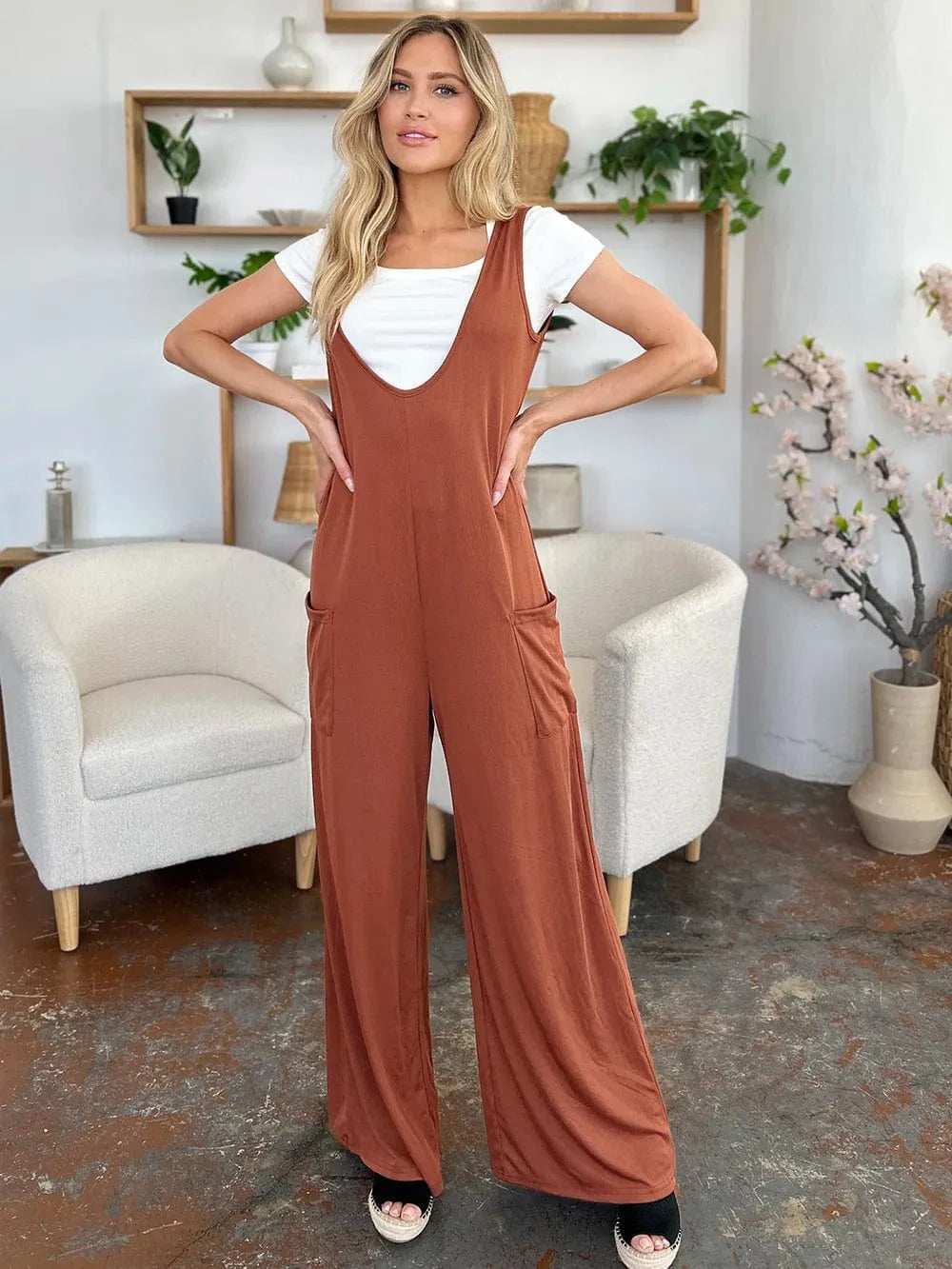 Double Take Full Size Sleeveless Wide Leg Jumpsuit with Pockets - Trendsi - Flyclothing LLC