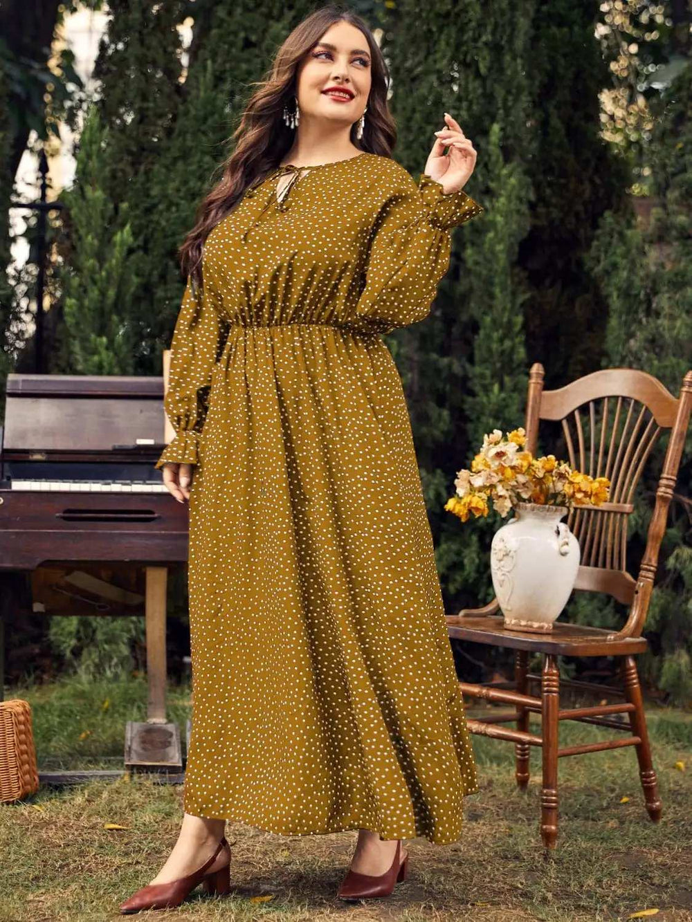 Plus Size Ruffled Polka Dot Long Sleeve Midi Dress - Trendsi - Flyclothing LLC