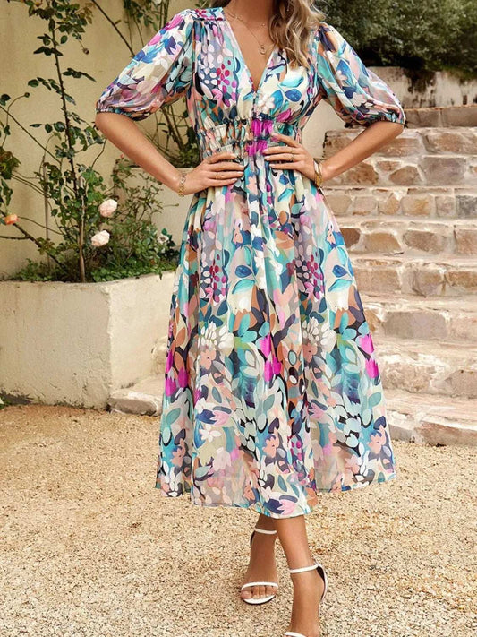 Printed Puff Sleeve Midi Dress - Trendsi - Flyclothing LLC
