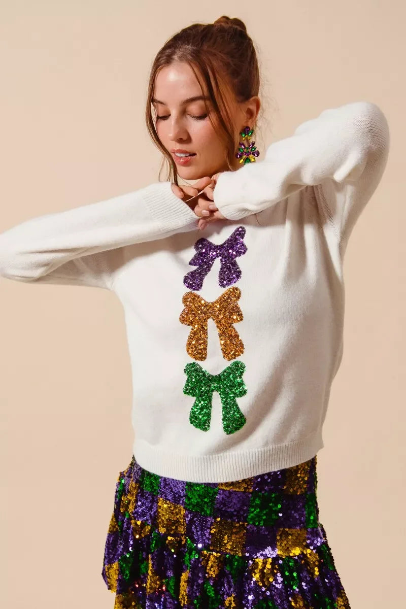 SO ME Mardi Gras Sequins Bow Ribbon Embellished Sweater - Trendsi - Flyclothing LLC