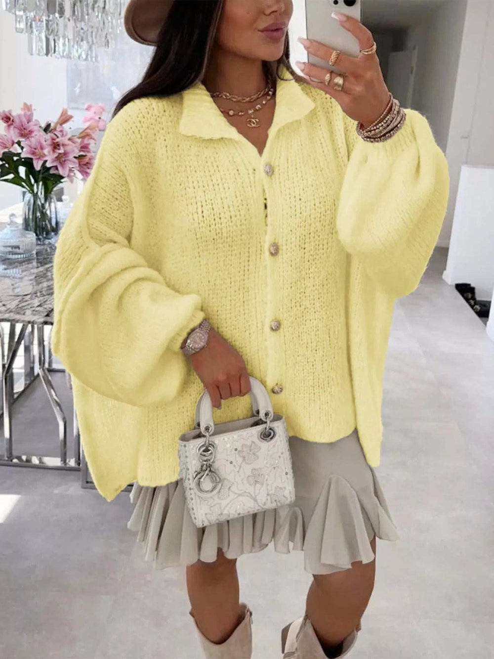 Oversized Knit Button-Down Batwing Sleeve Cardigan - Trendsi - Flyclothing LLC