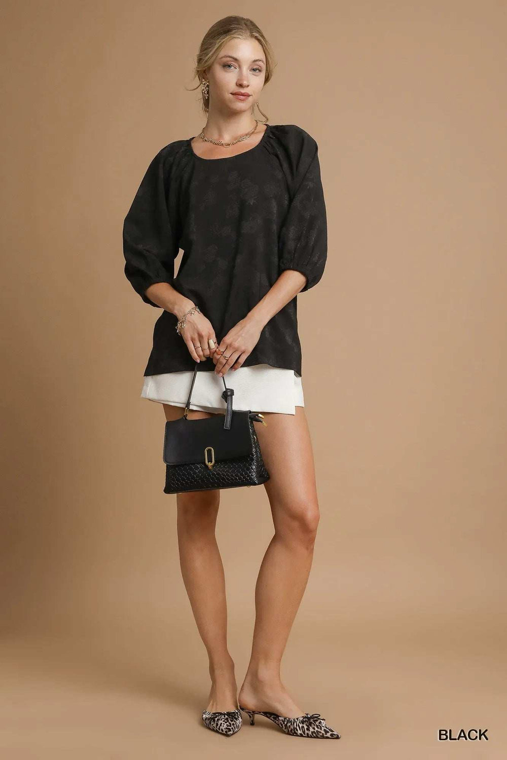 Umgee Satin Jacquard Balloon Sleeve Blouse - Trendsi - Flyclothing LLC