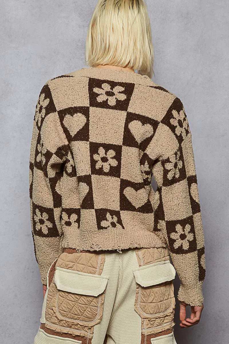 POL V-Neck Heart Pattern Checkered Sweater - Trendsi - Flyclothing LLC