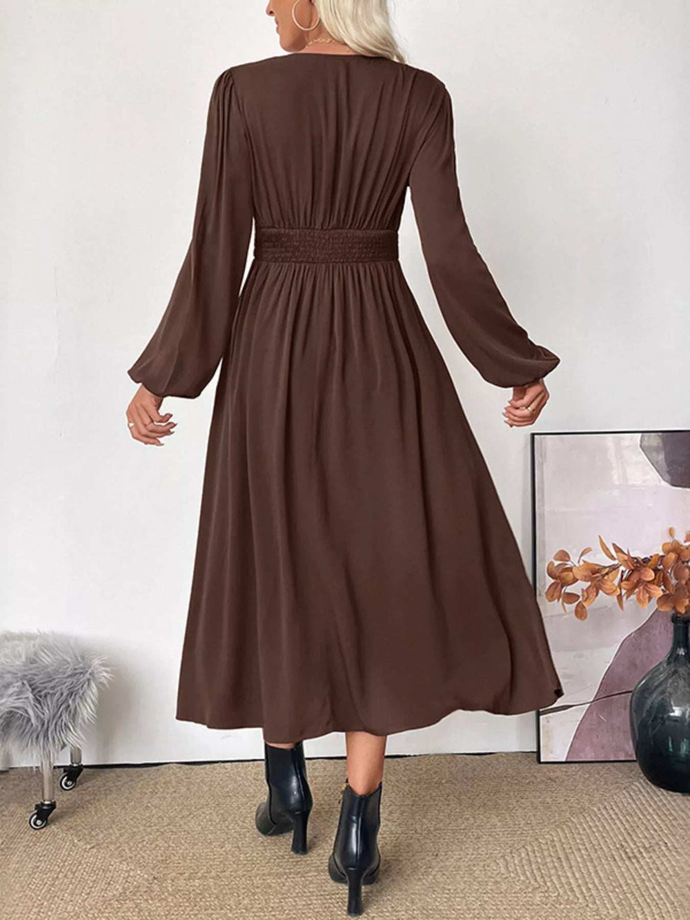 V-Neck Balloon Sleeve Midi Dress - Trendsi - Flyclothing LLC