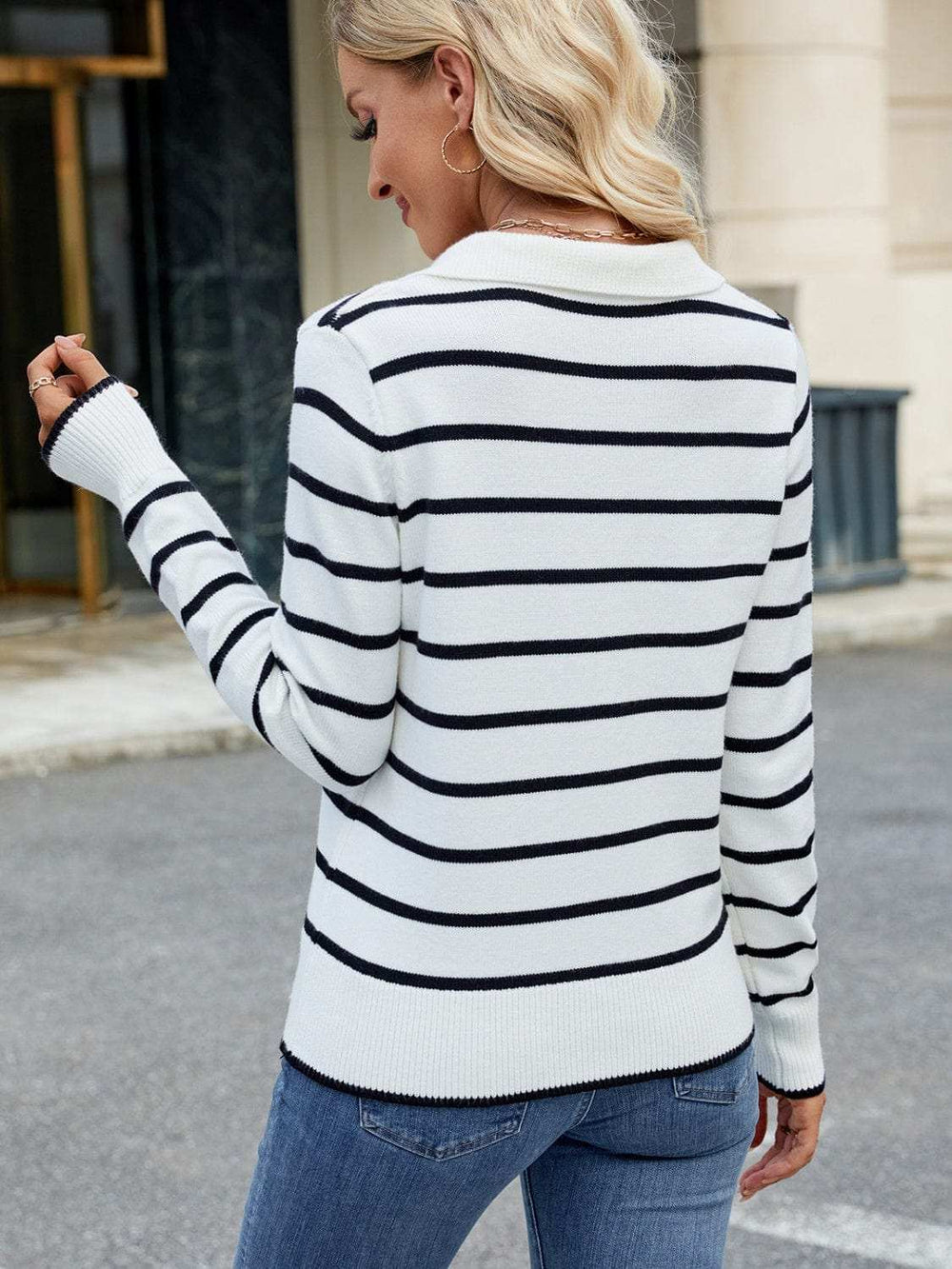 Striped Johnny Collar Long Sleeve Sweater - Trendsi - Flyclothing LLC