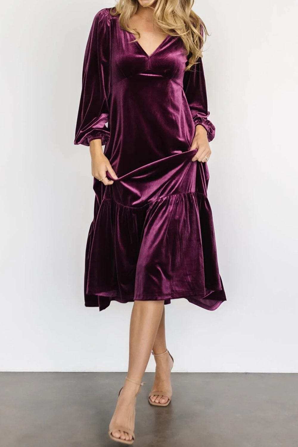 V-Neck Long Sleeve Midi Velvet Dress - Trendsi - Flyclothing LLC