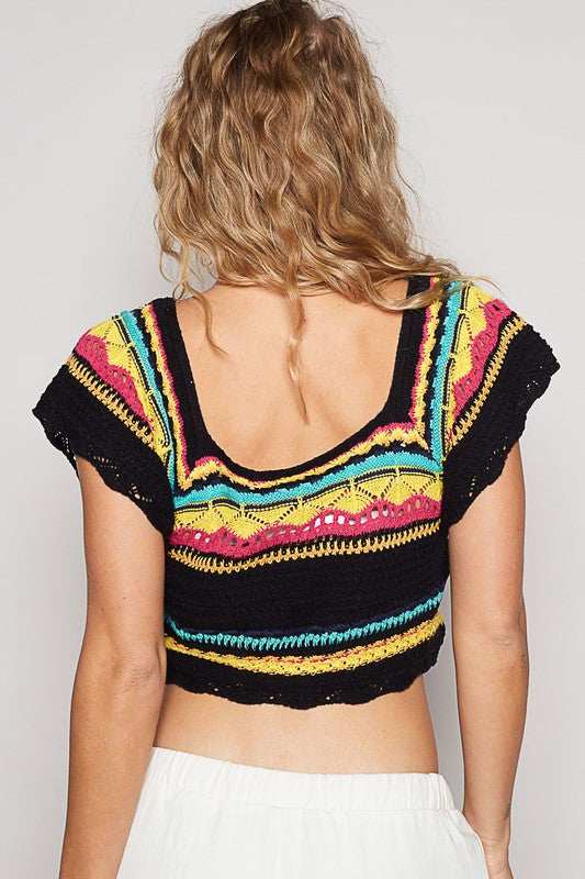 POL Openwork Ethnic Pattern Square Neck Cropped Knit Top - Trendsi - Flyclothing LLC