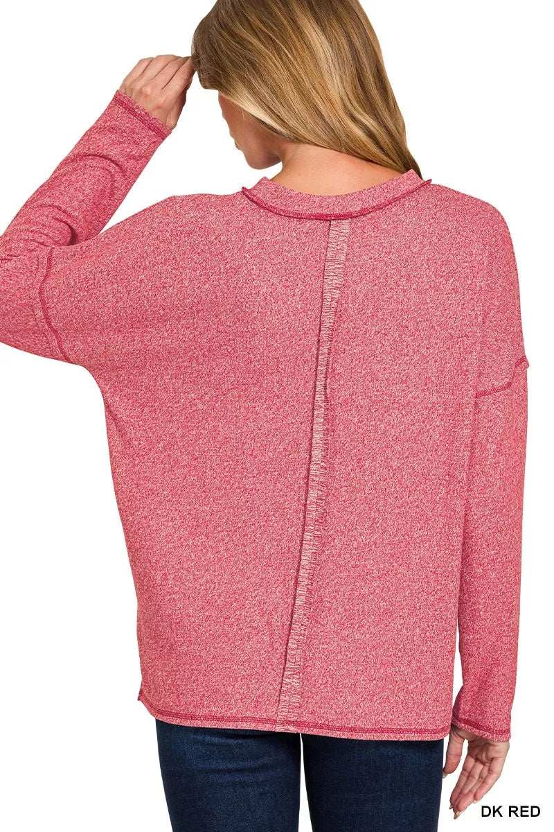 Zenana Soft Melange Hacci Round-Neck Long Sleeve T-Shirt - Trendsi - Flyclothing LLC