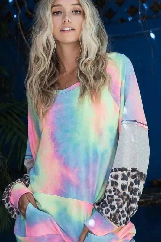 BiBi Tie Dye French Terry Sweatshirt with Contrast - Trendsi - Flyclothing LLC