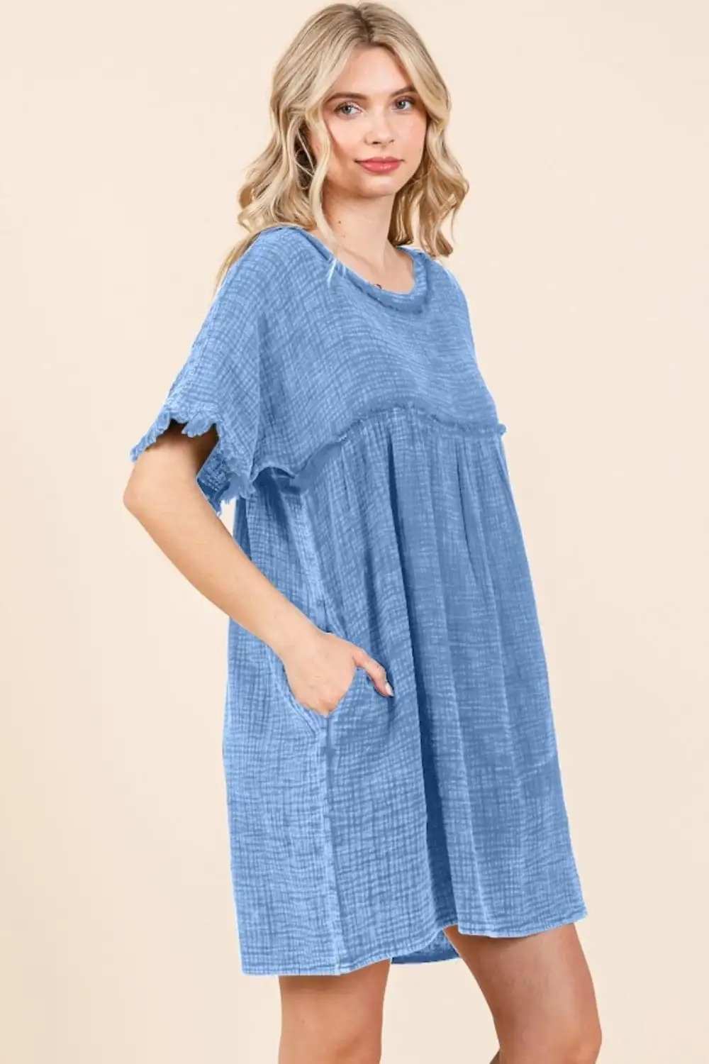 Culture Code Full Size Short Sleeve Babydoll Texture Dress with Pockets - Trendsi - Flyclothing LLC