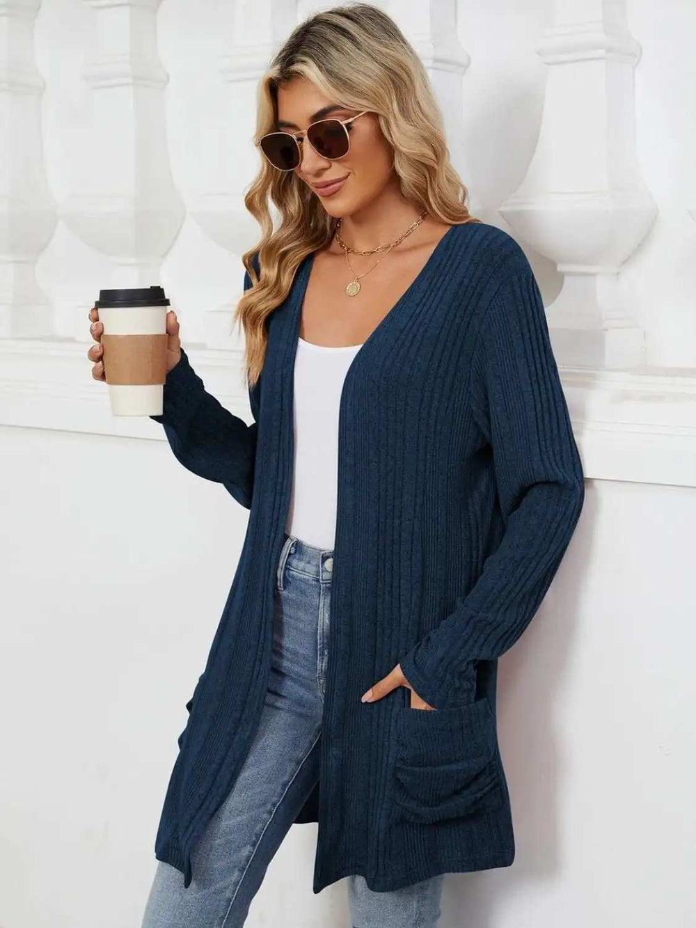 Pocketed Open Front Long Sleeve Cardigan - Trendsi - Flyclothing LLC