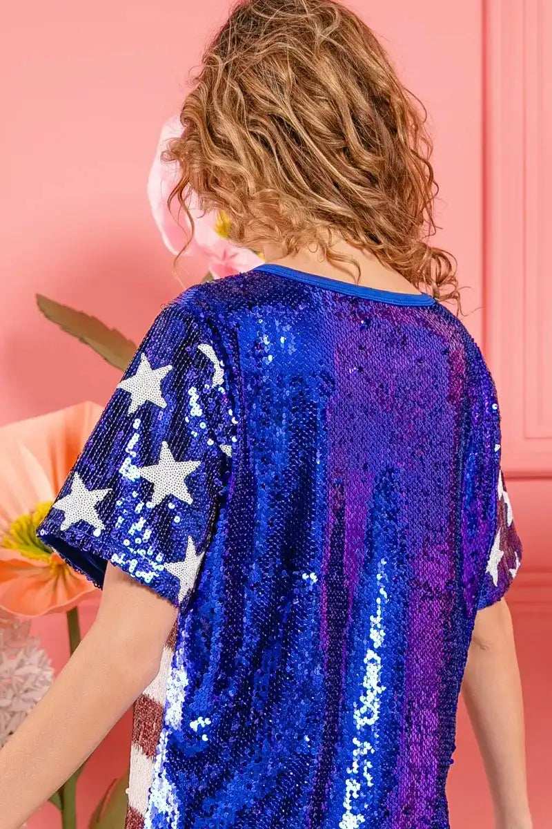 BiBi American Flag Theme USA Lettering Sequin Top - Trendsi - Flyclothing LLC