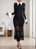 Perfee Lace Contrast Collared Neck Long Sleeve Midi Dress - Trendsi - Flyclothing LLC