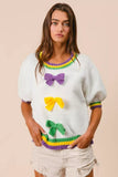 BiBi Short Puff Sleeve Ribbon Bow Mardi Gras Sweater - Trendsi - Flyclothing LLC