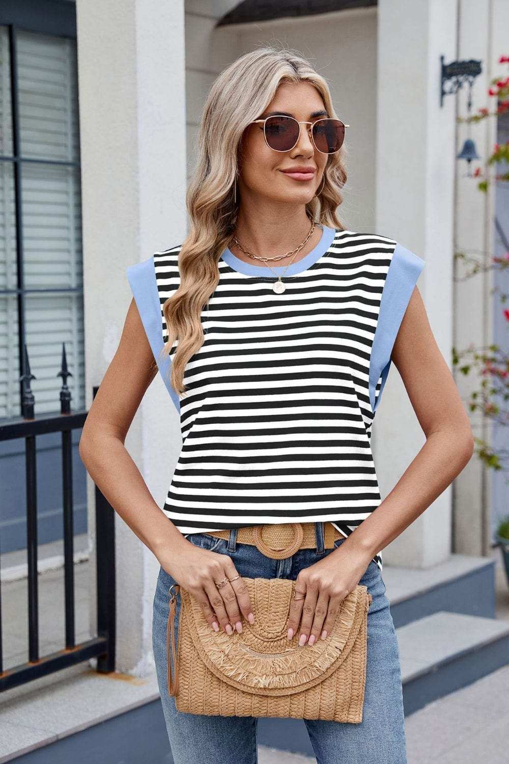 Contrast Striped Round Neck T-Shirt - Trendsi - Flyclothing LLC