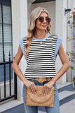 Contrast Striped Round Neck T-Shirt - Trendsi - Flyclothing LLC
