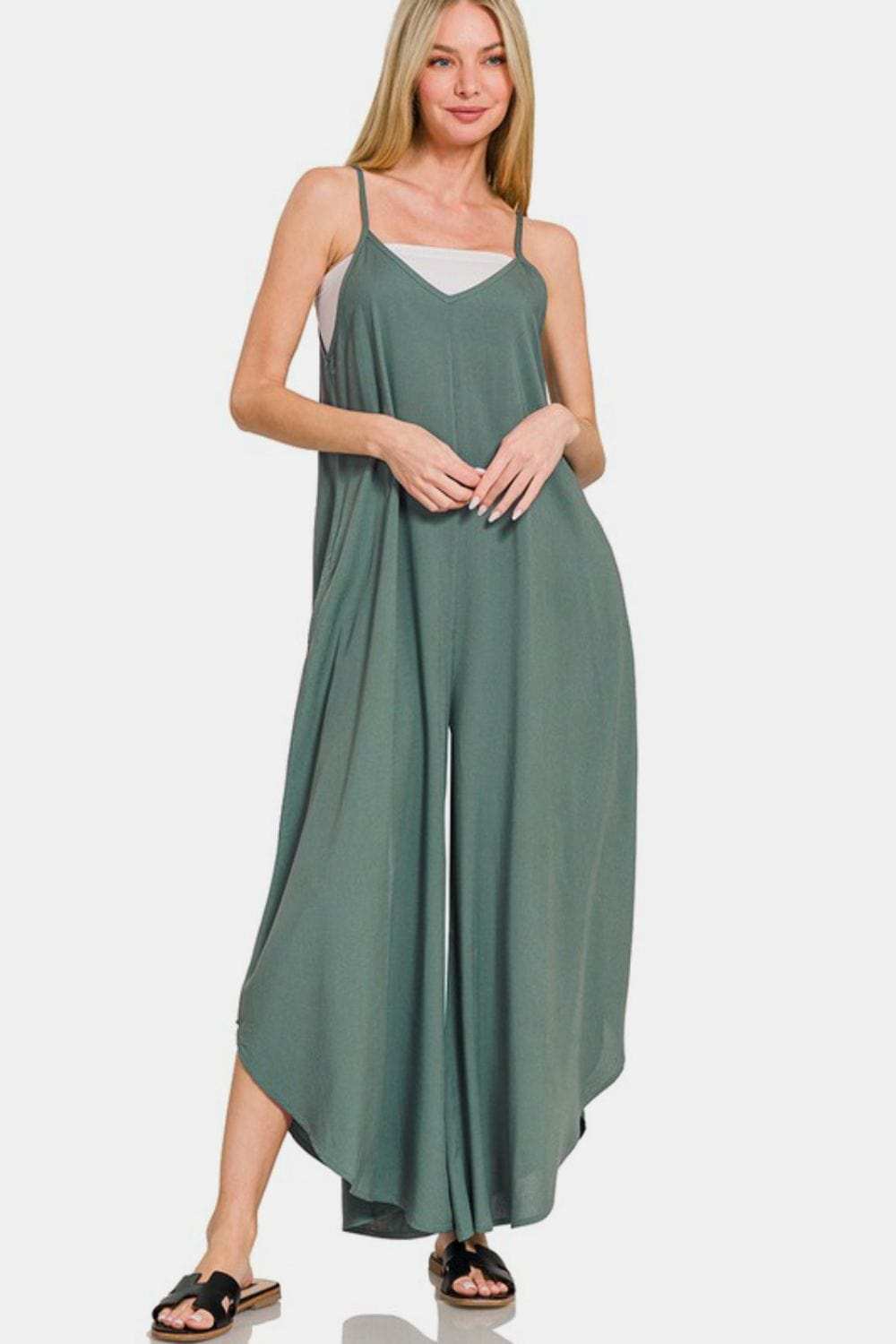 Zenana Sleeveless Curved Hem Wide Leg Overalls with Pockets - Trendsi - Flyclothing LLC