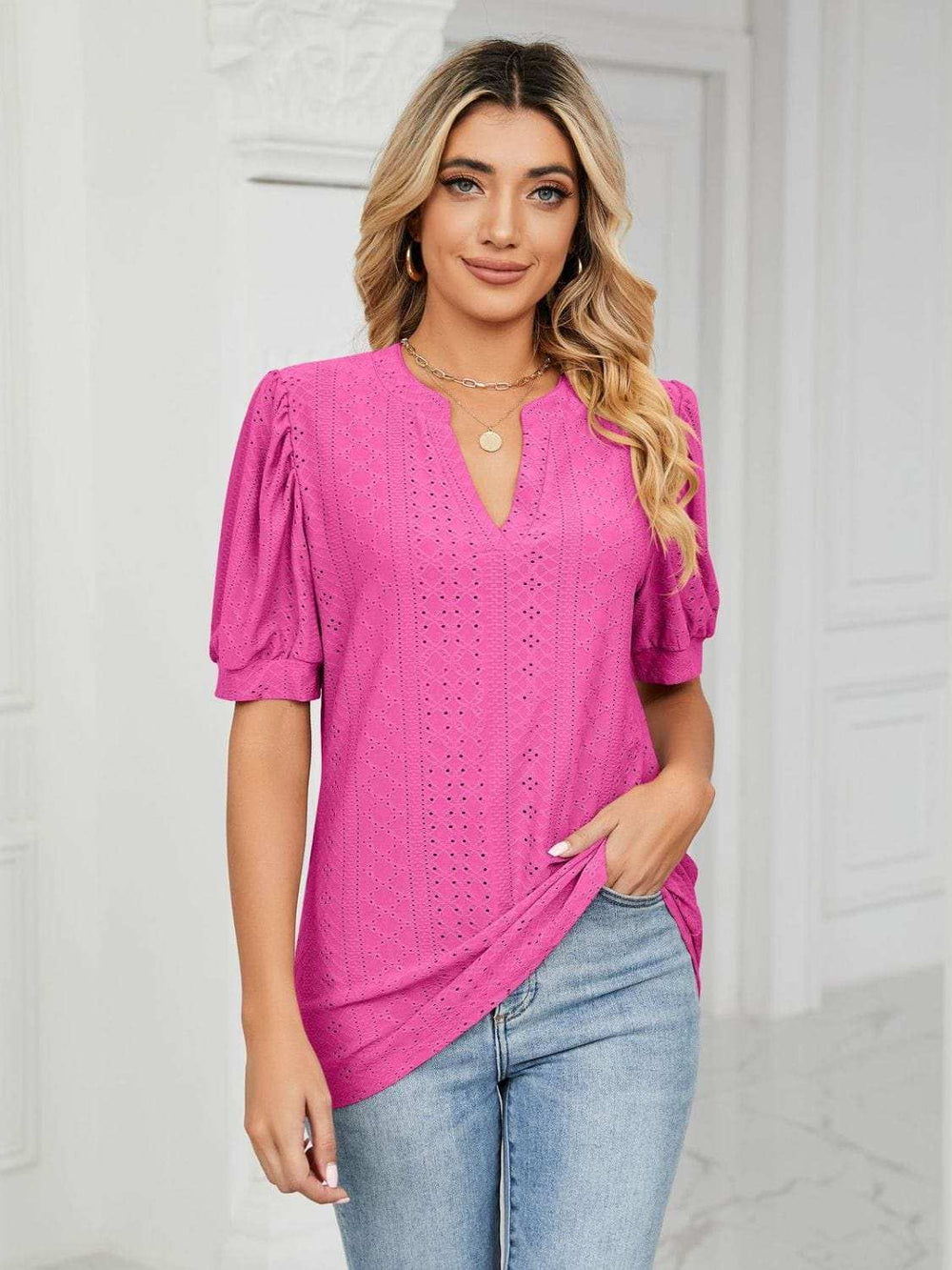 Florira Eyelet Notched Short Sleeve T-Shirt - Trendsi - Flyclothing LLC