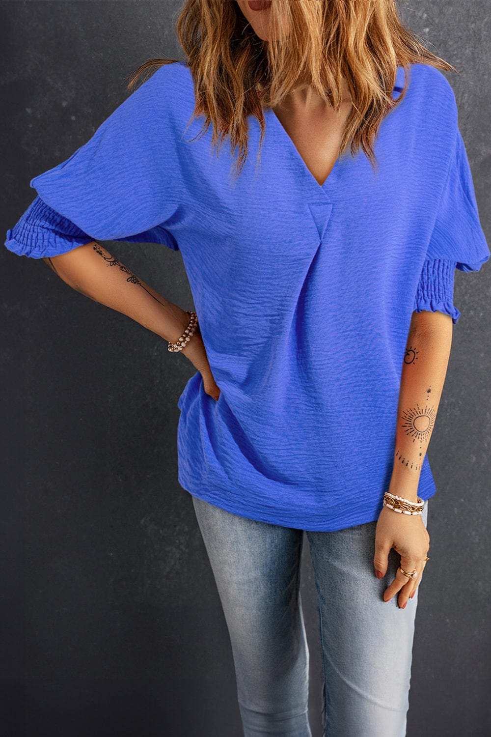 Smocked Johnny Collar Half Sleeve Blouse - Trendsi - Flyclothing LLC