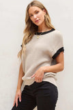 Contrast Trim Round Neck Cap Sleeve Knit Top - Trendsi - Flyclothing LLC