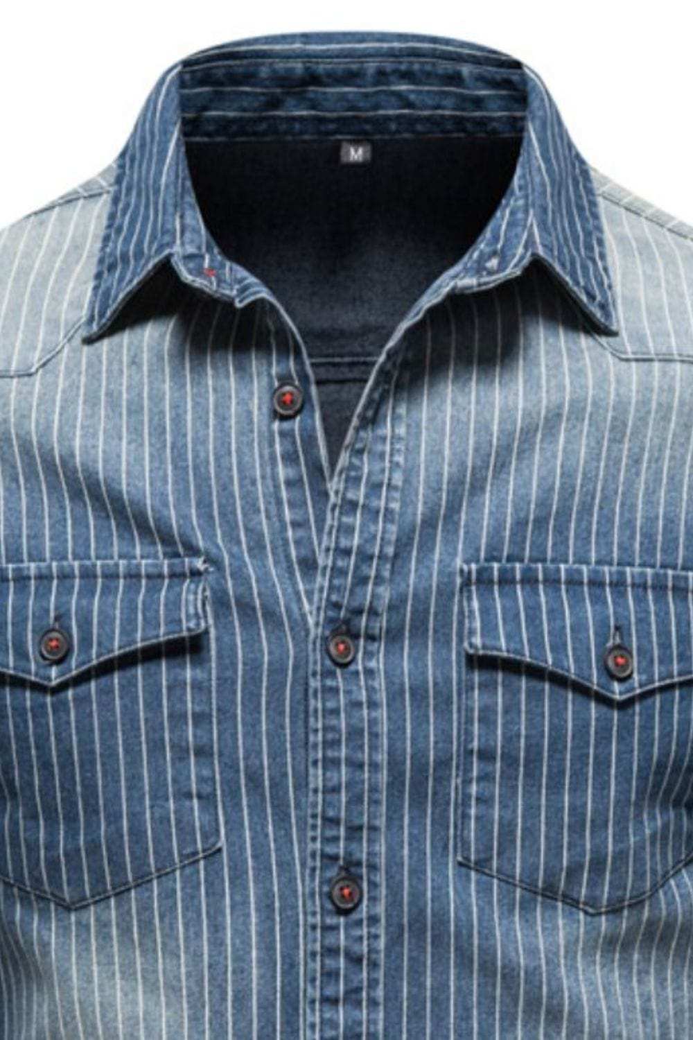 Men's Striped Collared Neck Button Down Denim Shirt - Trendsi - Flyclothing LLC