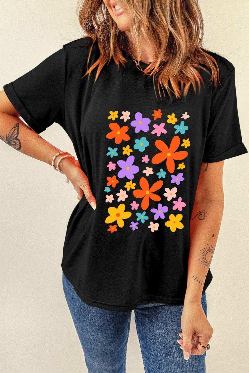 Flower Graphic Round Neck Short Sleeve T-Shirt - Trendsi - Flyclothing LLC