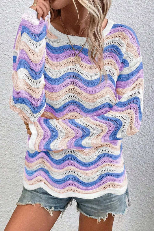 Contrast Wave Stripe Long Sleeve Sweater - Trendsi - Flyclothing LLC