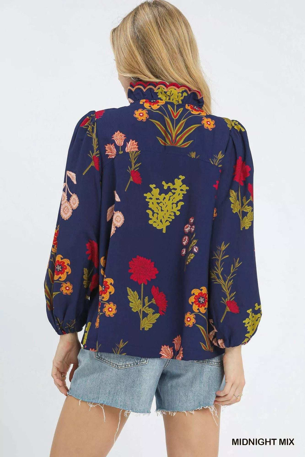 Umgee Flower Print Blouse with Scalloped Neckline - Trendsi - Flyclothing LLC