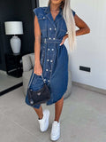 Collared Neck Cap Sleeve Denim Dress - Trendsi - Flyclothing LLC