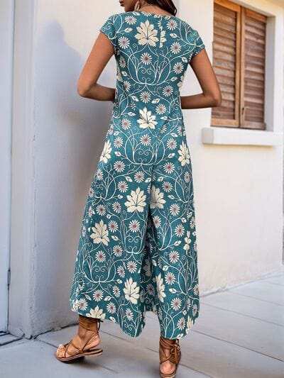 Perfee Printed Round Neck Cap Sleeve Wide Leg Jumpsuit - Trendsi - Flyclothing LLC
