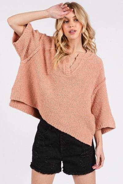 Mittoshop Side Slit Notched Drop Shoulder Sweater - Trendsi - Flyclothing LLC