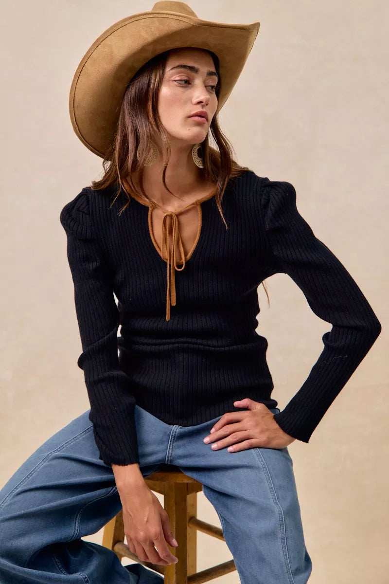 BiBi Ribbed Contrast Front Tied Top with Shrried - Trendsi - Flyclothing LLC