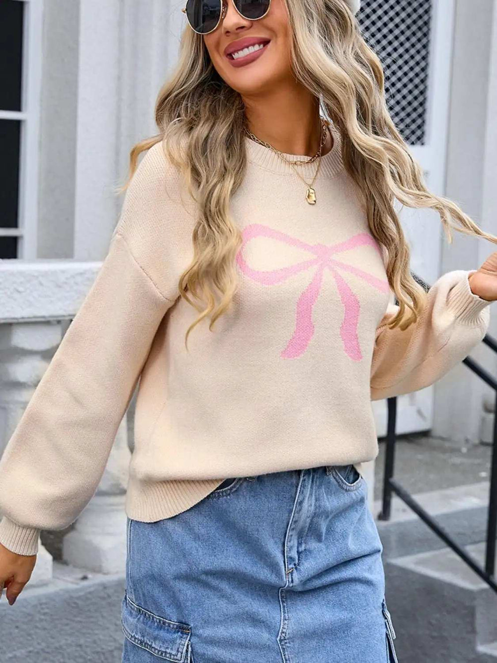 Bow Graphic Round Neck Long Sleeve Sweater - Trendsi - Flyclothing LLC