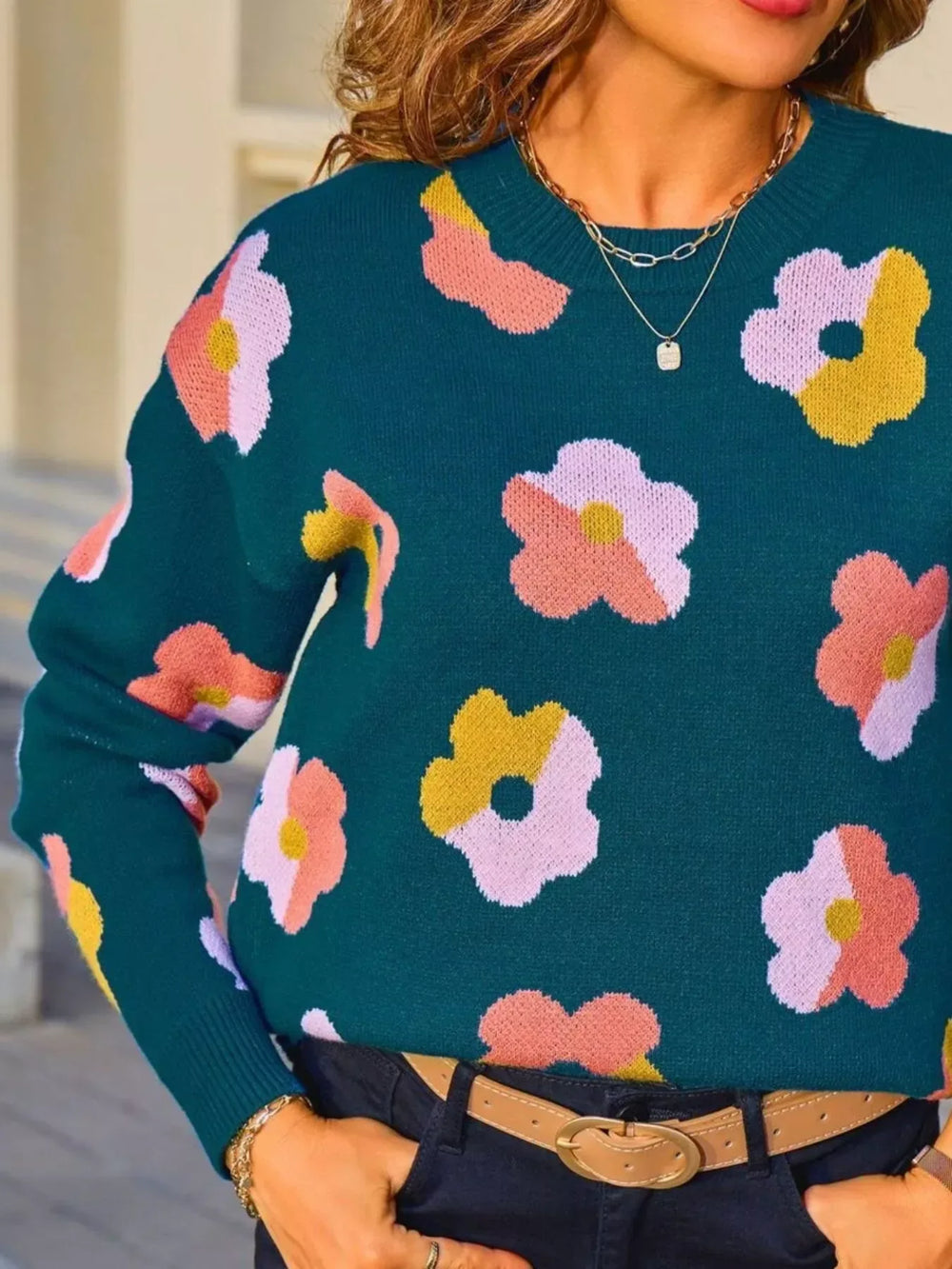 Floral Crew Neck Long Sleeve Sweater - Trendsi - Flyclothing LLC