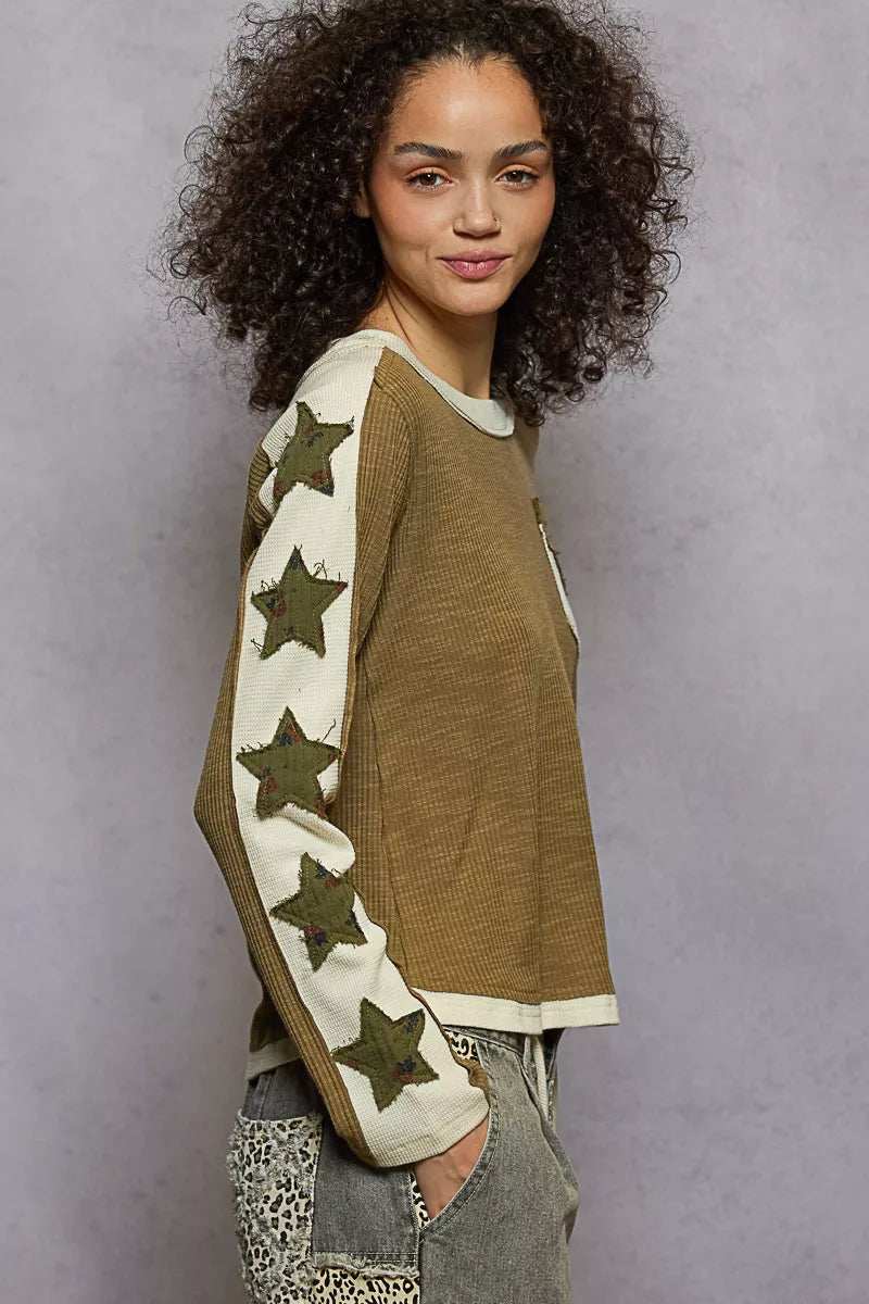 POL Round Neck Long Sleever T-Shirt with Star Patch - Trendsi - Flyclothing LLC
