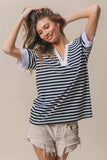 BiBi Contrast Striped Notched Knit Top - Trendsi - Flyclothing LLC