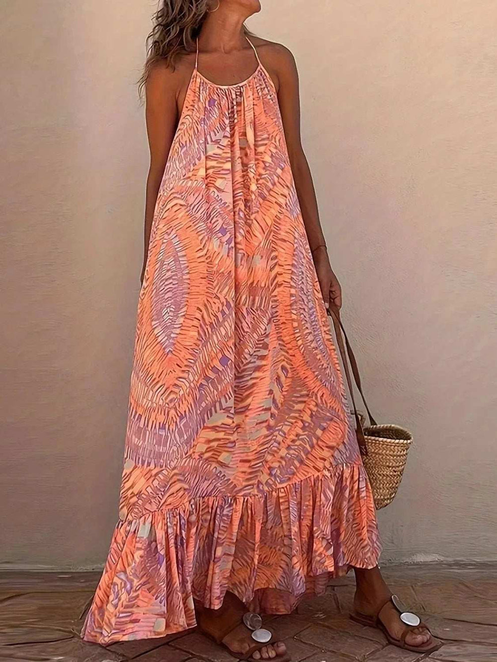 Backless Printed Halter Neck Maxi Cami Dress - Trendsi - Flyclothing LLC