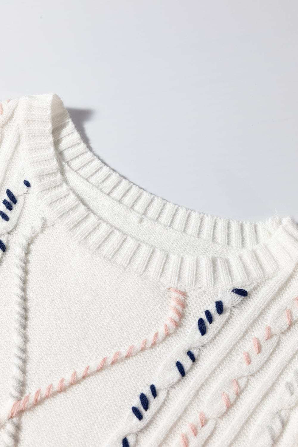 Cable Knit Round Neck Half Sleeve Sweater - Trendsi - Flyclothing LLC